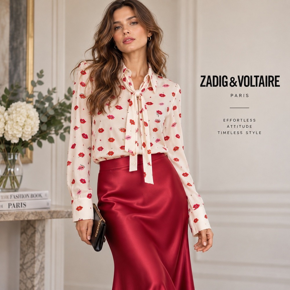 Zadig & Voltaire Tessi Crepe Lips Blouse Ecru Rhinestone Tie Neck Shirt SS23